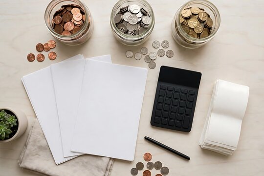 Top view of blank papers, calculator, pen, and jars of coins on a wooden table