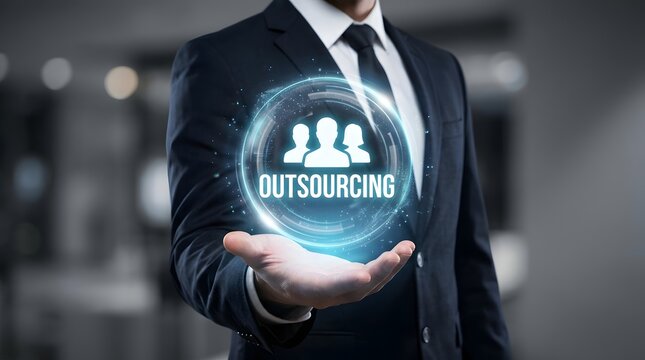 A Professional Businessman Presenting A Glowing Outsourcing Concept Icon In His Palm