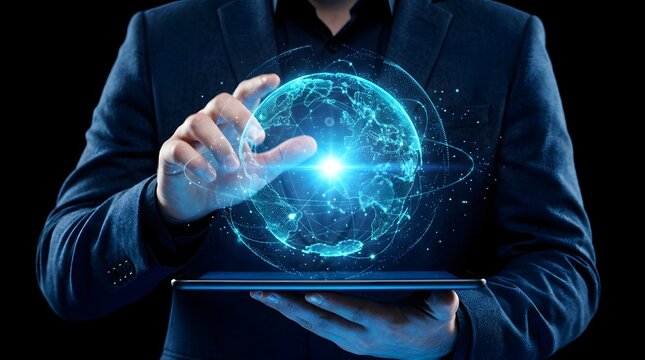 A Business Professional Interacting With A Glowing Holographic Digital Earth Data Visualization