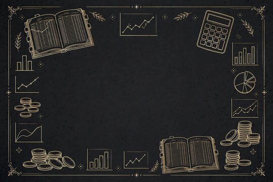 Financial accounting background with ledger books, coins, calculator, and business charts on a dark chalkboard texture