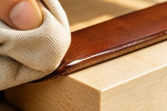 Artisan Hand Burnishing a Leather Belt Edge With Canvas Cloth to Achieve a Glossy Rounded Finish on a Wooden Workbench