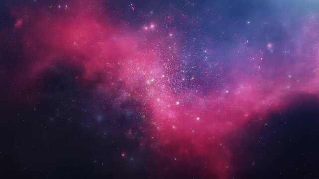 Flight through glowing pink interstellar nebula cloud with sparkling starfield and vibrant cosmic dust in deep space 4K Generative AI