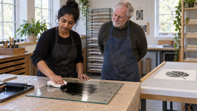 A tutor wipes excess printing ink from a glass slab with a folded cloth while a beginner watches separate wet and dry work areas after a linocut lesson