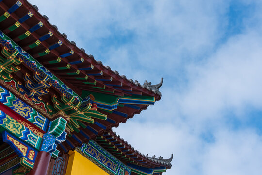 Ancient Chinese cornice of Guanyin Temple on Niucao Mountain, Anhui, China