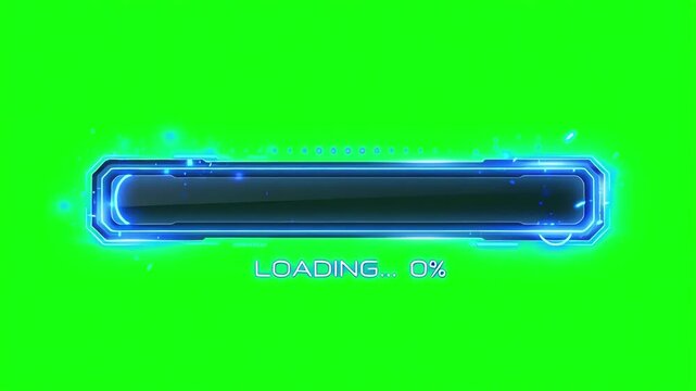 Horizontal linear progress bar loading with blue glow animation on chroma key green screen