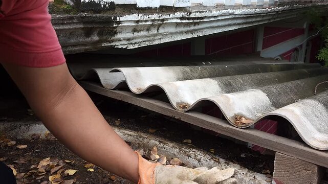 Hand Gathering Dry Leaves from Tight Crevice on Corrugated Roof