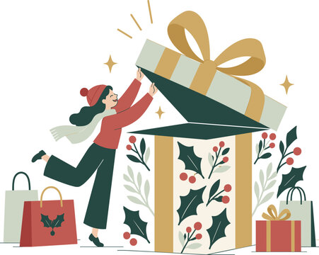 Christmas Gift Unboxing Woman Opening Giant Festive Present Box