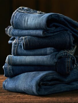 The scene shows a stack of five childrens denim jeans folded carefully. Various sizes are visible under bright natural light.