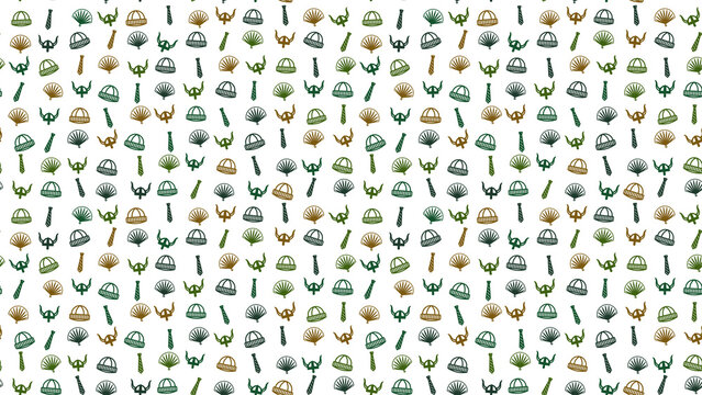 Seamless pattern of Viking helmets, hats, ties, and fans