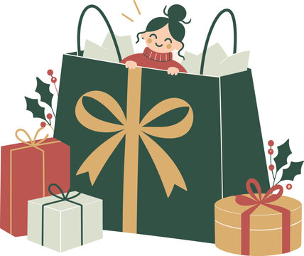Christmas Gift Shopping Bag with Happy Woman and Festive Presents