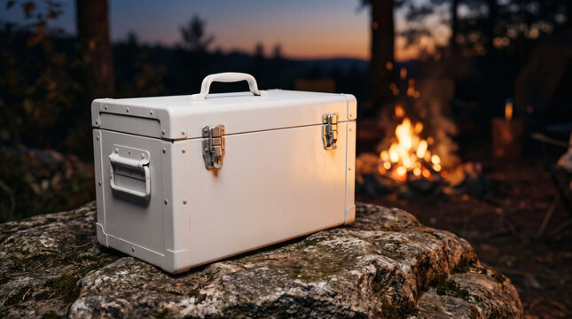 Blank white metal toolbox mockup on a rock beside a campfire