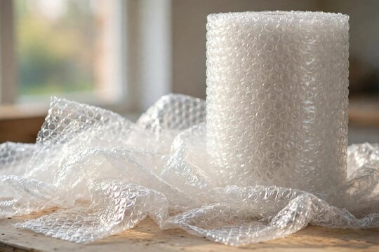 Bubble wrap roll and sheets on workbench for packing