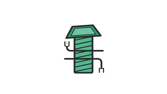 Green cartoon screw character, hexagonal head, threaded body, arms, legs. Isolated vector illustration for mechanical, construction, and repair themes