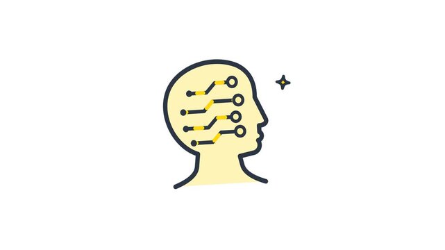 Stylized vector illustration showing a human head profile with internal circuit board patterns, symbolizing artificial intelligence, machine learning, cognitive processes, and digital innovation