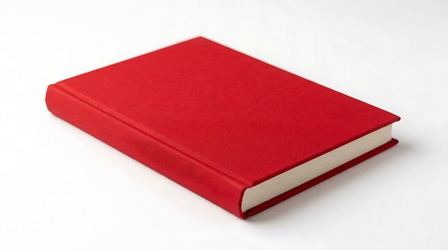 A closed red hardcover book rests on a white surface.