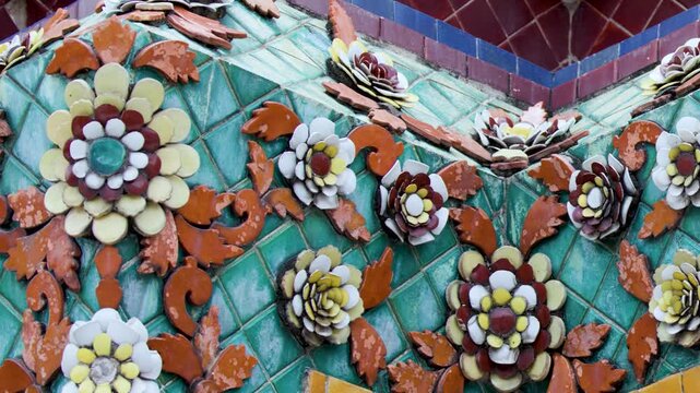 Ornate Ceramic Mosaic Flower Tilework at Wat Pho in Bangkok