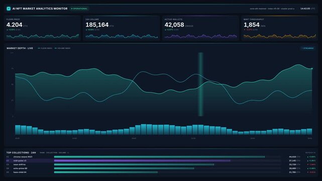 Ai nft market analytics monitor dashboard with floor price, trading volume, active wallets, mint throughput charts, for crypto trading, market analysis, real-time financial data