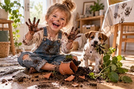 A laughing toddler and muddy puppy sit beside a broken flowerpot, spilled soil and an uprooted plant while holding their dirty hands and paws forward. Cheerful domestic mischief