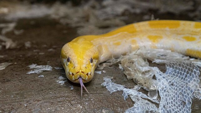 A yellow albino python slithering on the ground next to pieces of its freshly shed skin.
