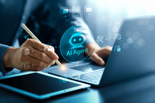 AI agent automation concept with professional using stylus on laptop and tablet showing virtual workflow interface connecting chatbot, email, data, analytics, security and intelligent business tasks