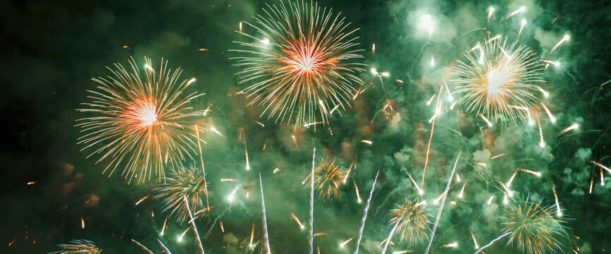 Colorful vibrant Firework celebrate anniversary happy new year 2024, 4th of july holiday festival. colorful firework in night time to celebrate national holiday. countdown new year party background