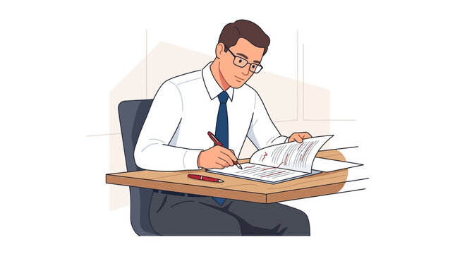 Business Professional Writing and Reviewing Documents at Desk, Focused and Diligent