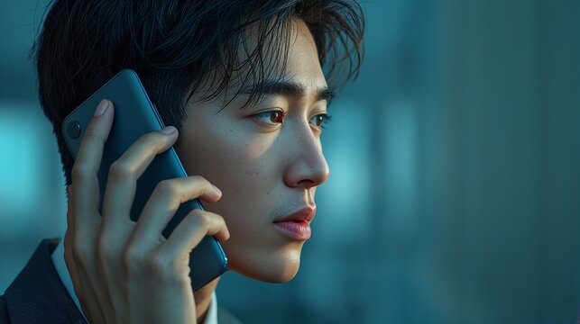 スマートフォンを耳に当て、不安な表情で電話をする若いアジア系ビジネスマンのクローズアップ。緊張感のあるシネマティックなビジネス・通信イメージ｜男性、スマホ、通話、横顔、スーツ、余白 コピー