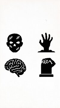 Spooky Halloween black silhouette icon set featuring a zombie head, human brain, graveyard tombstone, and rising zombie hand on a clean white background.