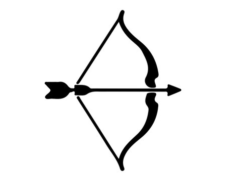 Black silhouette archery bow with arrow drawn on string icon