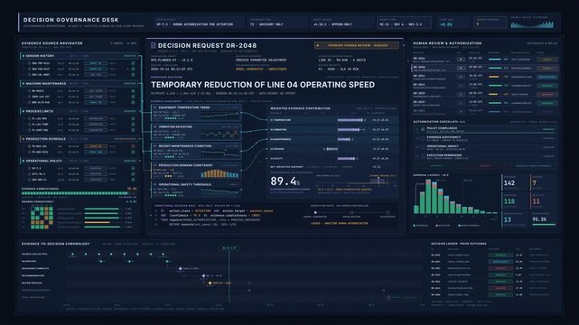 Premium autonomous agent dashboard showing decision evidence, human review requests, and governance controls in a dark enterprise interface with animated data visualizations.