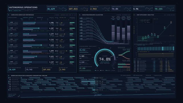 Sophisticated dark enterprise dashboard visualizing autonomous workflow efficiency, resource allocation, and cost analytics with cyan and gold accents for enterprise technology presentations.