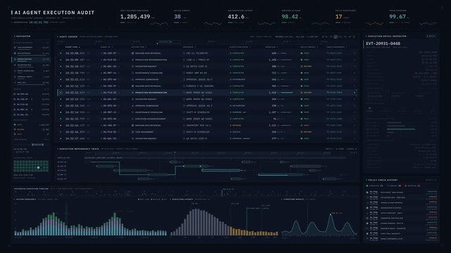 Premium enterprise AI audit dashboard animation tracking agent actions, execution timestamps, and policy validation in a dark interface. Features detailed ledger, trace timeline.