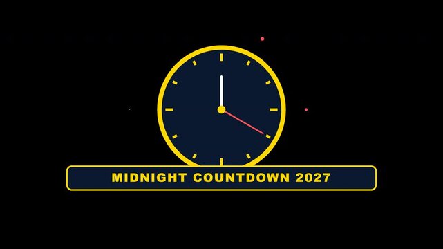 Flat vector style New Year Eve clock dial ticking down to midnight with gold frame, dark blue face, moving hands, and red firework stars