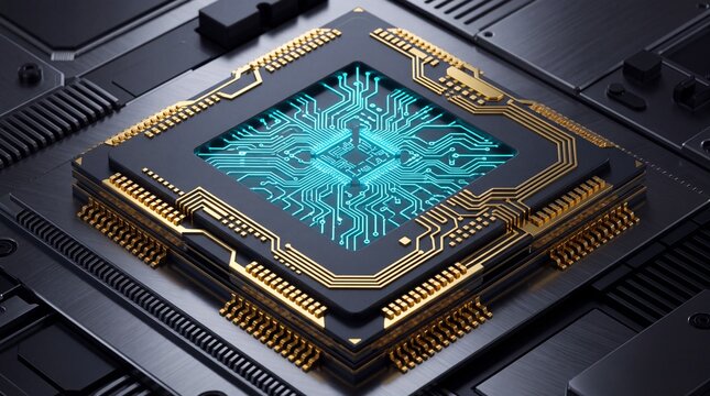 Angled ultra-clean 3D render of dark silicon microchip processor with gold pins and cyan circuits