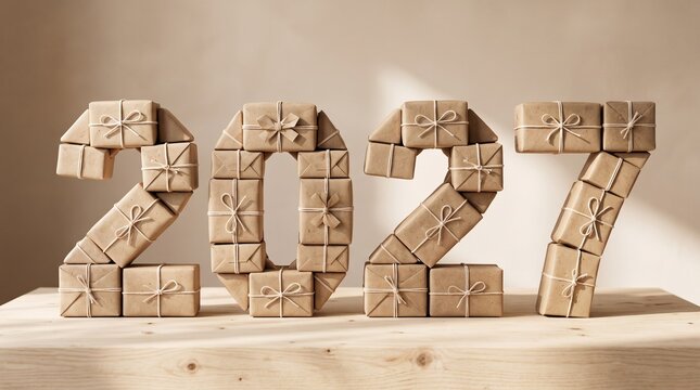 Year 2027 formed by stacked gift boxes wrapped in craft paper with white string ribbons on wooden table for festive New Year celebration