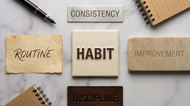 Inspirational flat lay with habit, routine, discipline and consistency on marble