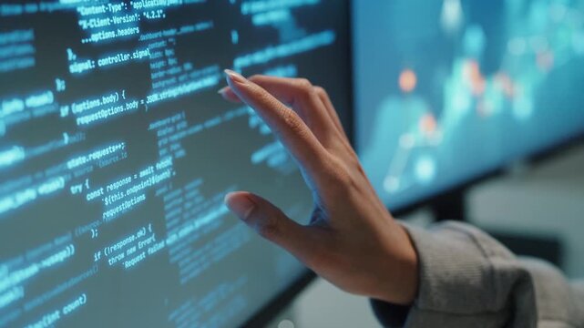 Programmer checking code on screen, close-up of hand on touch screen monitor with lines of code in office