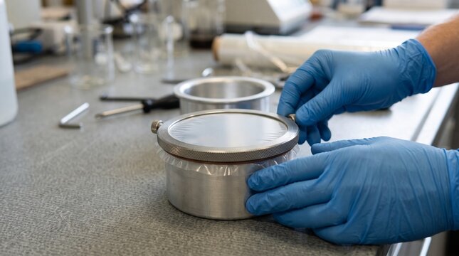 Gloved hands securing a thin film across a testing cup