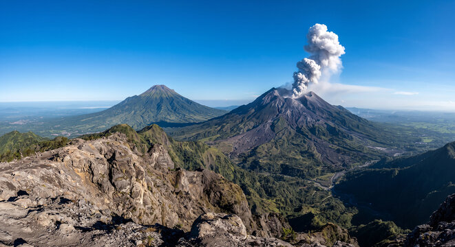Active volcano spewing smoke plume against a clear blue sky, viewed from a rocky mountain ridge