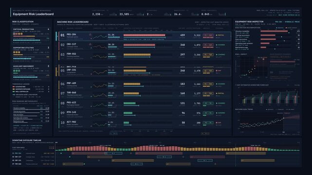 Dark mode industrial predictive maintenance dashboard ranking machines by downtime risk with animated data visualization and technical analytics interface.