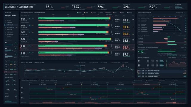 Dark industrial factory OEE dashboard tracking quality losses across six consecutive production shifts with stacked bars, Pareto charts, and real-time data visualization for manufacturing analysis.