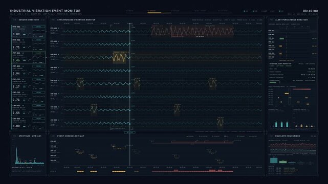Industrial vibration sensor dashboard tracking equipment alert persistence with synchronized waveform analysis and status monitoring interface for commercial creative technology and business use.