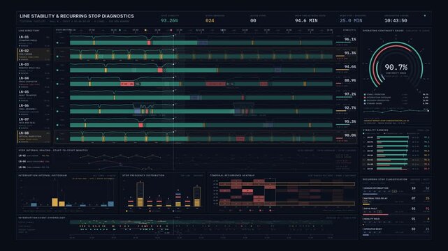 Industrial production dashboard comparing line stability and recurring stop patterns with animated data visualization on a dark background for factory monitoring.