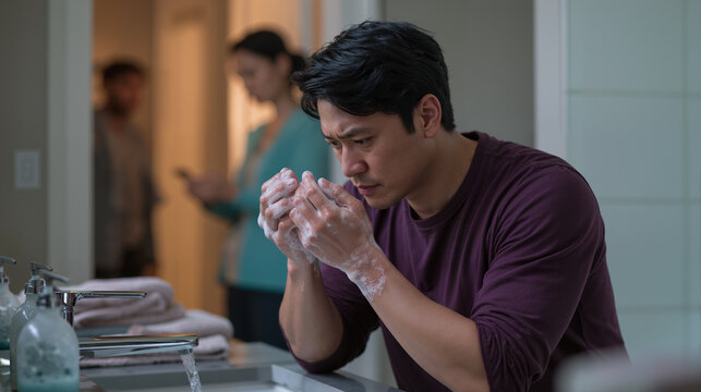 Man Repeatedly Washing Hands due to OCD Contamination Fear, Wide Banner for OCD Awareness, Compulsive Behavior Education and Therapy Services with Copy Space