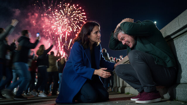 Man Experiencing PTSD Trigger from Fireworks with Supportive Friend, Wide Banner for PTSD Recovery, Trauma Support and Animal Assisted Therapy with Copy Space