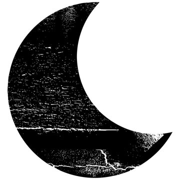 Crescent moon celestial graphic illustration with distressed Y2K grunge texture isolated on transparent background. Black shape clip art element for streetwear.