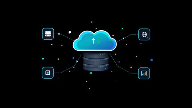 Cloud Computing and Database Server Flat Design Animation on Transparent 4K