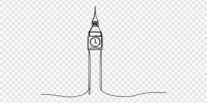 One line drawing of Big Ben clock tower. Continuous line of iconic London landmark. Historical architecture concept. Modern minimalist style. single line art vector illustration, Big ben clock tower 
