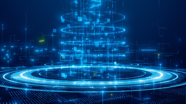 Blue Digital Rings And Circuit Connections For A Futuristic Quantum Computing Network With Data And Abstract Technology Elements, Technology Artificial Intelligence Background 3d rendering