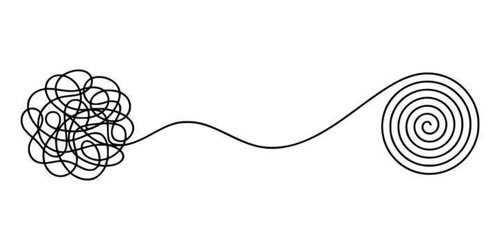 Black messy scribble line transforming into a neat circular spiral pattern showing the concept of solving a complex problem or turning chaos into order on a simple design graphic